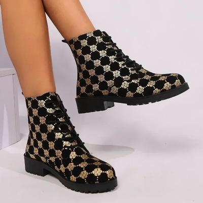 Herfst Nieuwe Chunky Enkellaarsjes Dames Mode Ronde Neus Vetersluiting Voor Bedrukt Zachte Zool Antislip Comfortabele Enkele Schoenen