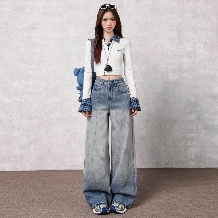 Autumn Gradient Retro Women's High Waist Wide-Leg Jeans - Hong Kong Style, Floor-Length Pants