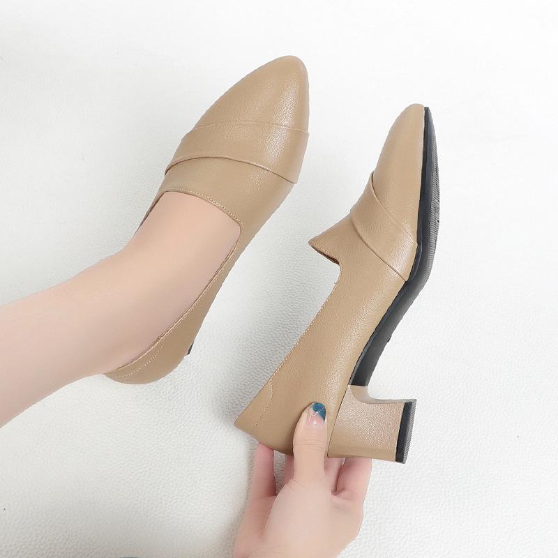 Fashion New Middle-aged Women's Pumps PU Leather Soft Sole  Non-slip Genuine Leather Casual 2024 Spring Non-slip Mid-heel Single Shoes