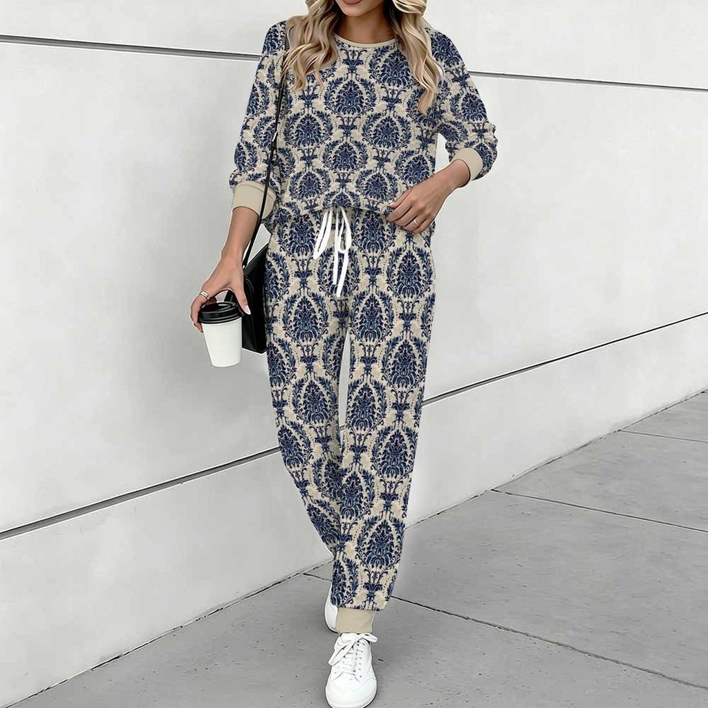 Women Geometric Pattern Print Two Piece Outfit, Long Sleeve Crew Neck Top & Drawstring Jogger Pants Casual Tracksuit for Spring Autumn