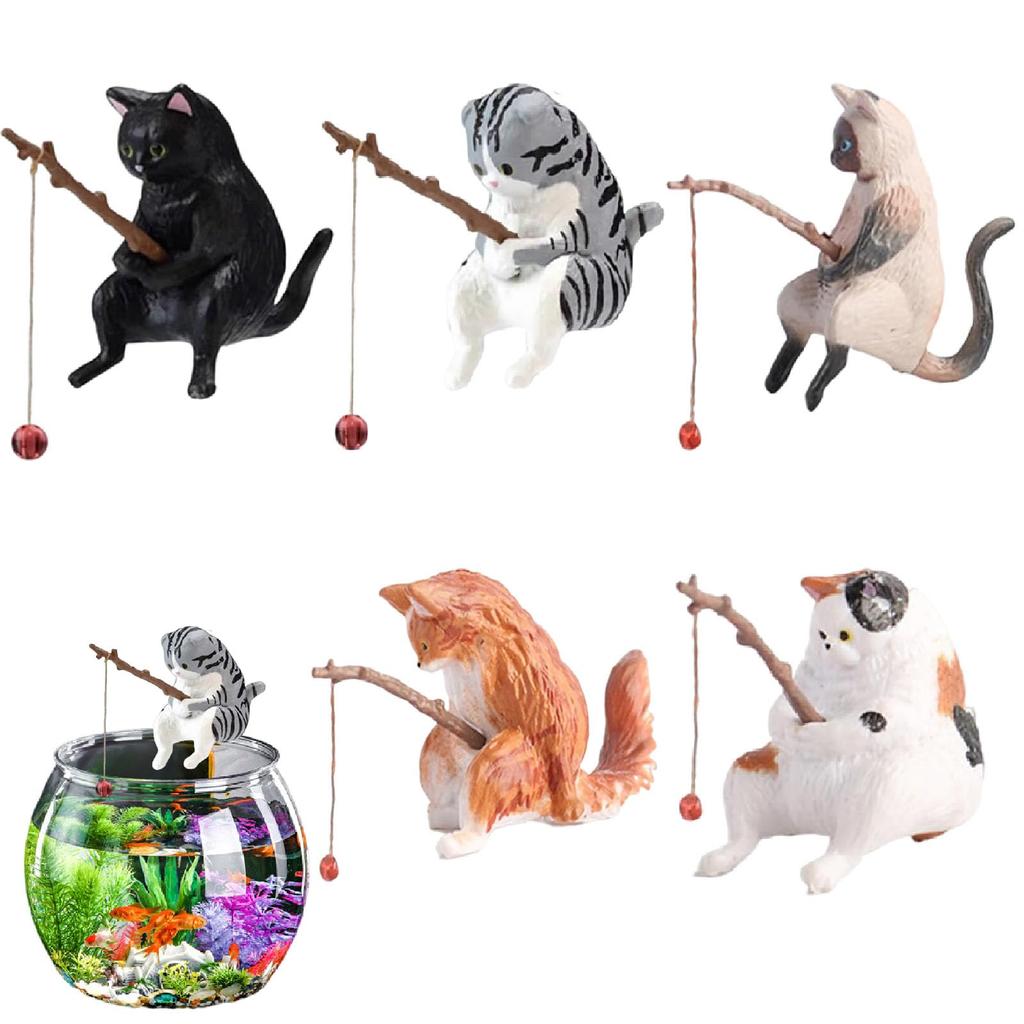 SensaBliss Fishing Cats, Set of 5, Perfect Fishing Day Cat Figurines, Resin AquariumAquarium Accessories, Mini Figurines, Office, Car, and Garden
