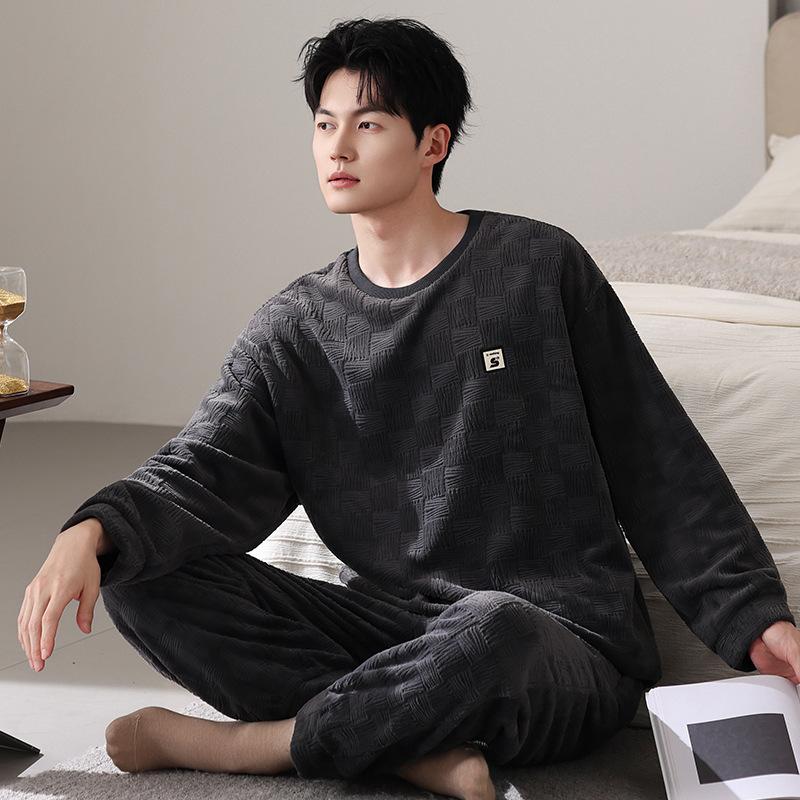 Pajamas Men's winter thickened fleece flannel can be worn outside pullover large size loungewear coral fleece autumn and winter suit