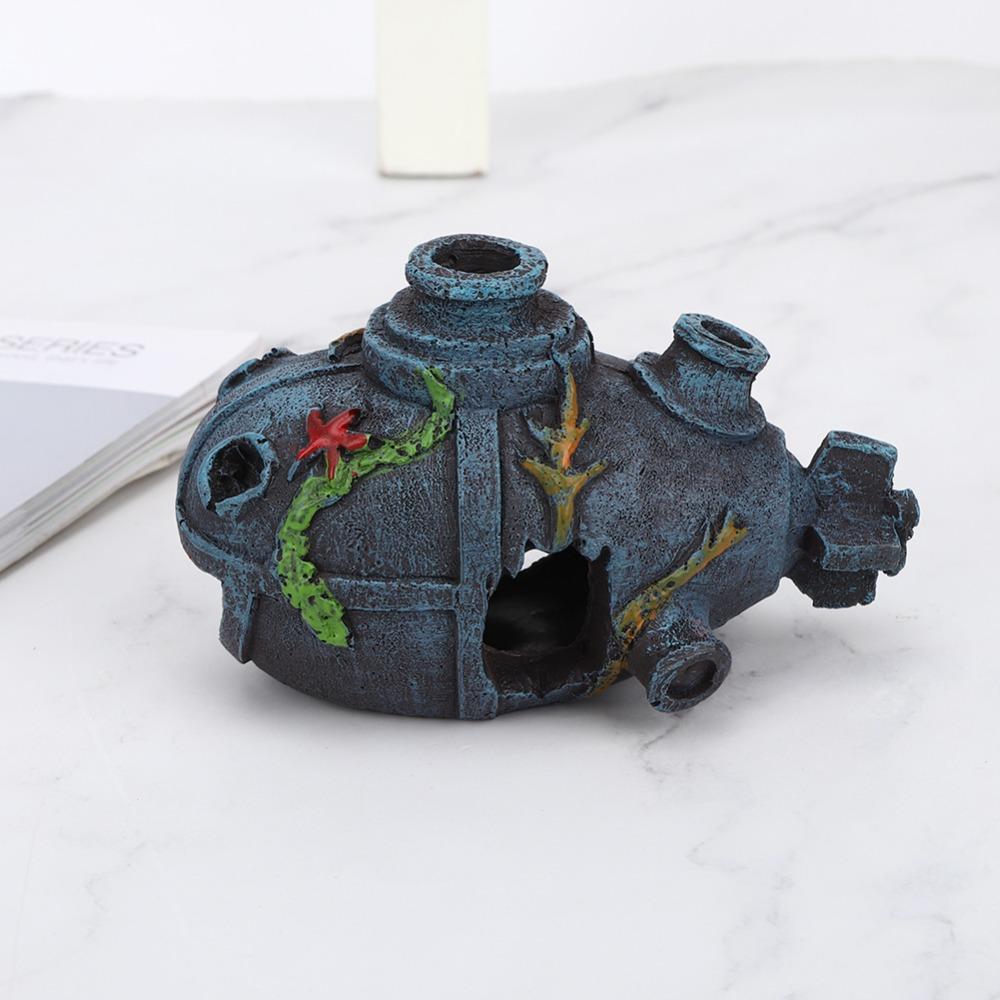 Hollow Cave Submarine Wreck Ornament Blue Weathered Finish Fish Tank Ornament  Sunken Ship Decor