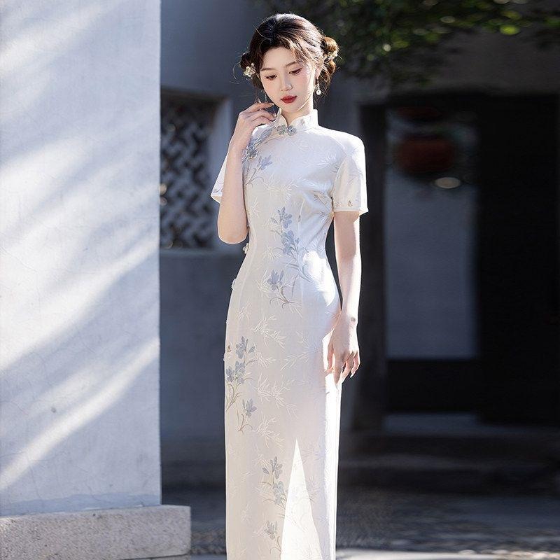White cheongsam, new women's summer new Chinese-style improved young dress, daily wear, plain and elegant magnolia polyester