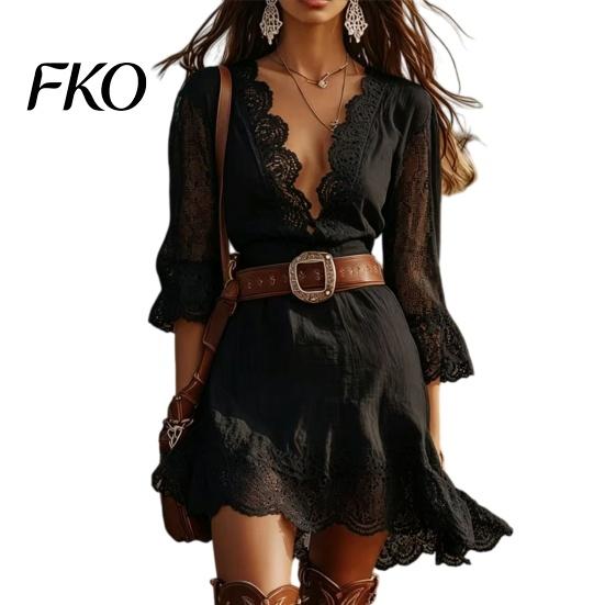 Breathable Polyester Dress Women s Lace Trim Mini Dress, Deep V-Neck 3/4 Sleeve Casual Women Short Summer High Waist A Line Boho Sundress Solid Color XL чёрный