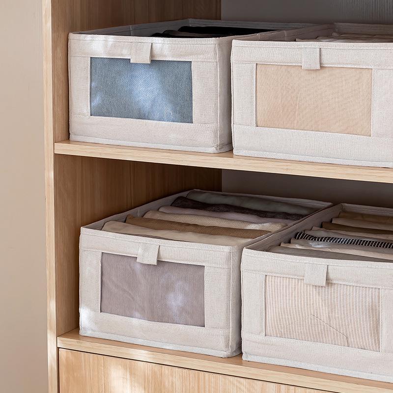 Large Cotton Linen Foldable Storage Box with Window - Thickened Fabric Organizer for Clothes and More