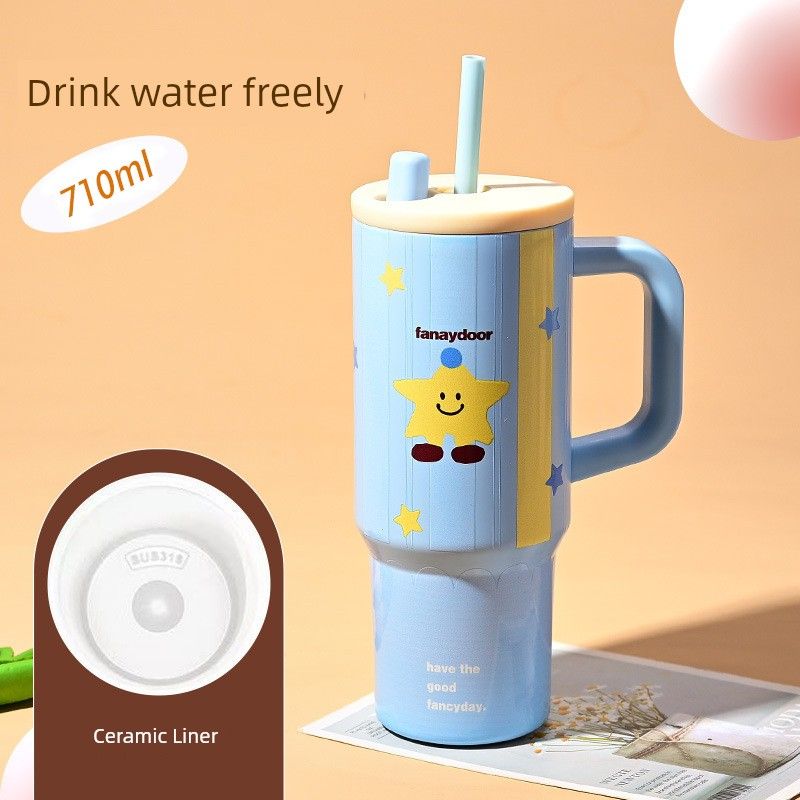Large Capacity Thermos Cup for Women, Stylish Ice Cup, Cute Cartoon Portable Car Cup with Handle, Giant Straw Water Cup