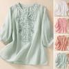 Sommer Damen Baumwollleinen Hemd V-Ausschnitt Blumenstickerei Dreiviertelärmel Locker Einfarbig Retro Mutter Mittleres Alter Weiblich Täglich Lässig Bluse