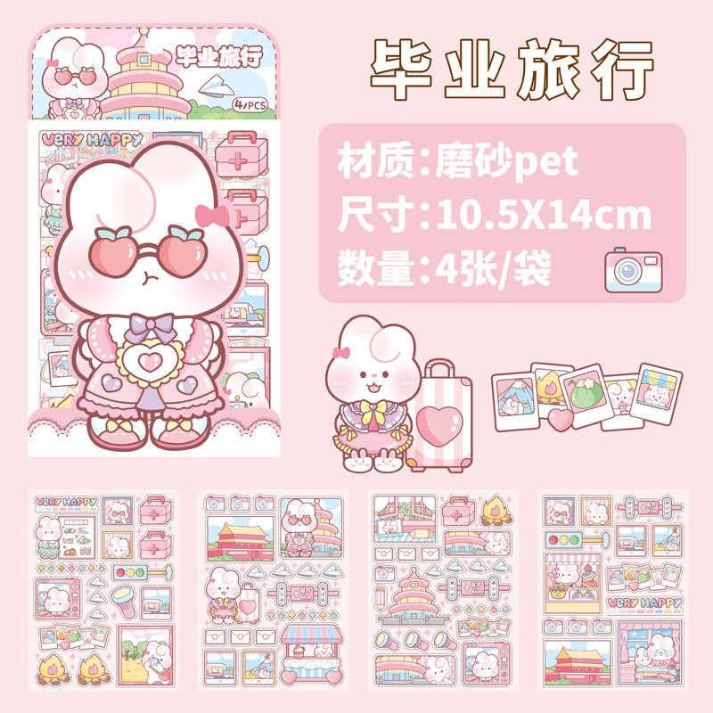 4 Sheets Scrapbook Stickers Set Cute Small Pink Animals Transparent Calendar Diary Book Sticker Scrapbooking Decorative Stickers