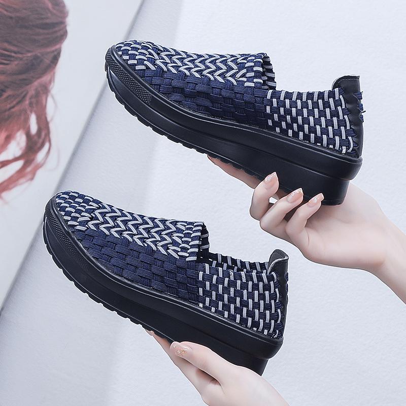 Lady Summer Breathable Slip on Beach Shoes Women Casual Platform Elevator Braided Blue White Sneakers Plus Size