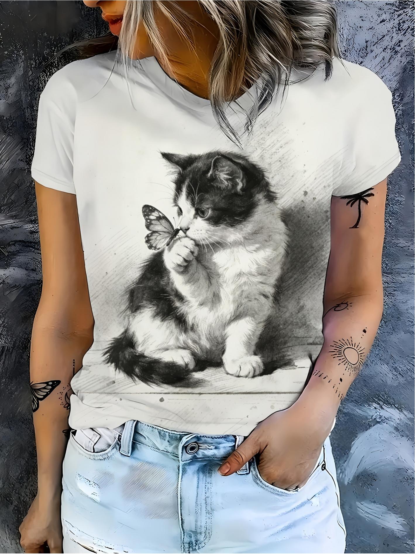 

Women s T-Shirt Suitable for Pet Lovers - Vintage Cat ; Butterfly Print Short Sleeve Crew Neck Top. Black ; White Casual Blouse Shirt for Daily Wear. L дубильна кора