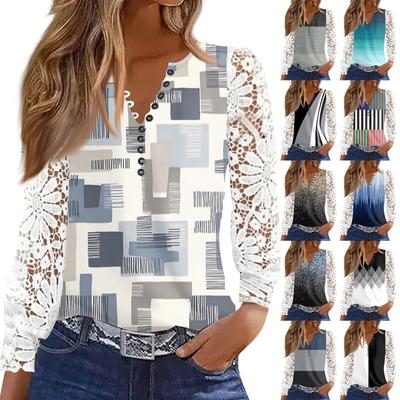 Women's T Shirt Tee Print Button Lace Long-sleeved  Daily Weekend Fashion Basic V- Neck Regular Top