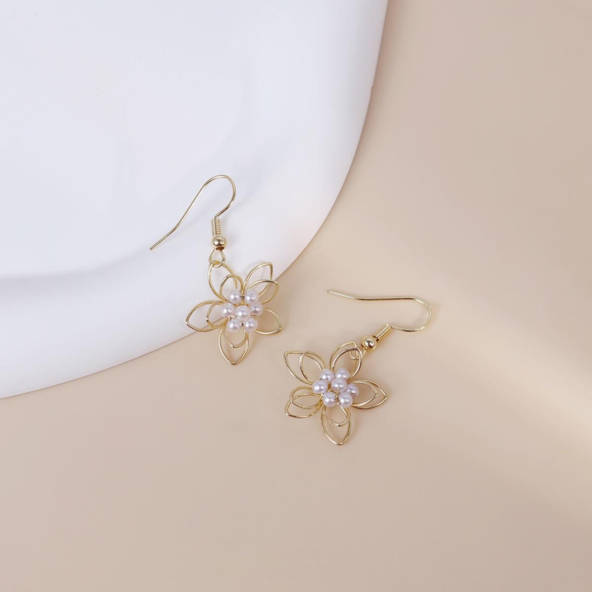 Double-Layer Five-Petal Flower Drop Earrings for Women - Simple Hollow Design, Korean  Western Style