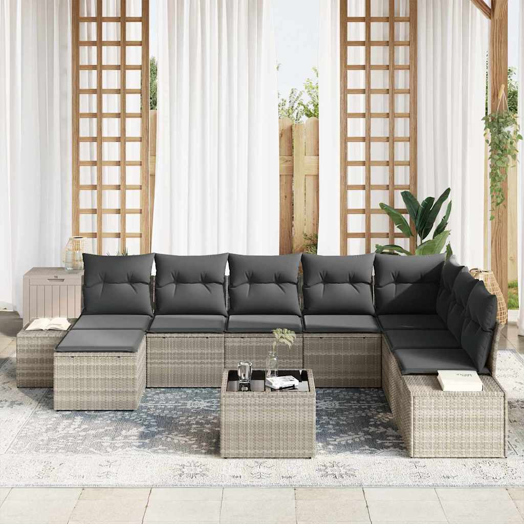 Garden Sofa Set with Cushions 9 pcs Light Grey Poly Rattan