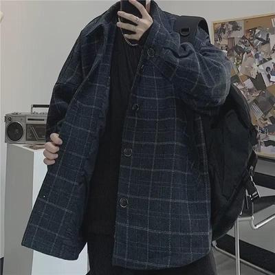 Unisex Retro Kore Ekose Yün Ceket - Bol Kesim, Çiftler İçin Trend Hong Kong Stili.