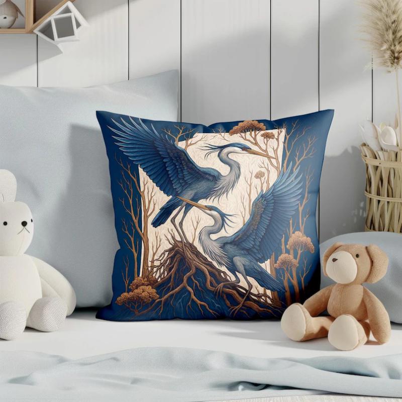 Helenal Unisex Blue Vikama Heron Pillow Cover Tropical Bird Cushion Case Forest Scenery Decor For Home Living Room Bedroom