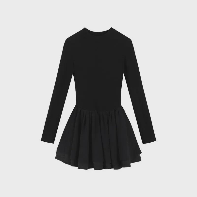 Dámské černé přiléhavé šaty s dlouhým rukávem a nadýmanou sukní, s polozvýšeným límcem, pro podzim a zimu