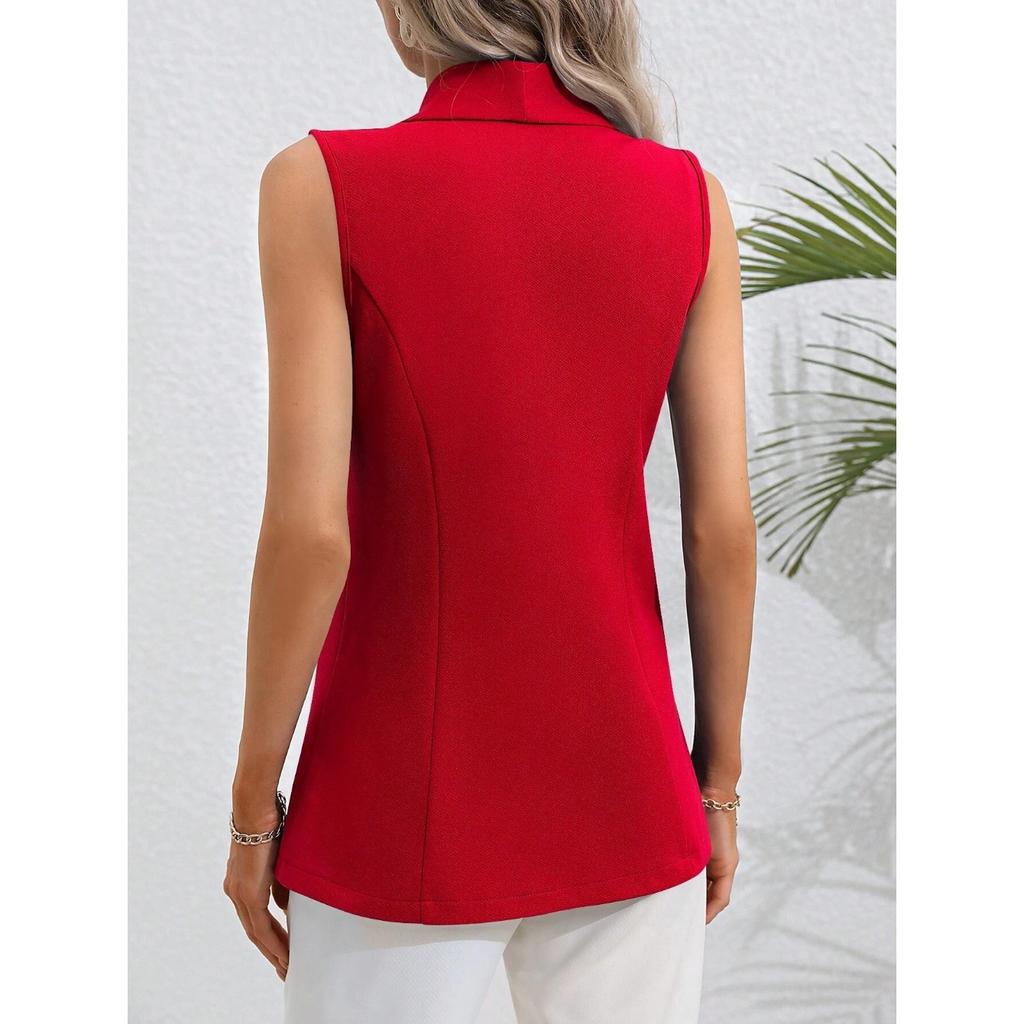 IHUASU Spring and Autumn Solid Color Cardigan Single Button Jacket Sleeveless Round Neck Coat for Women