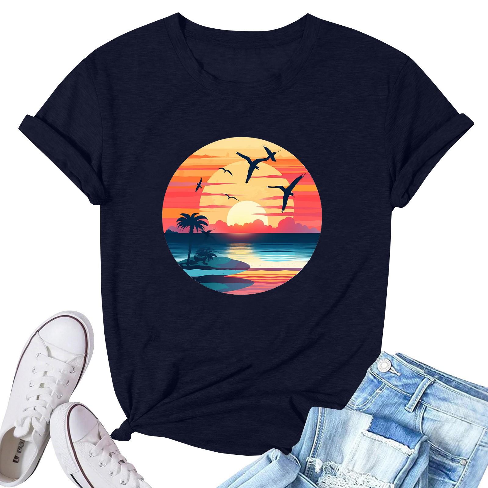 

Women s Fashion Printed Casual Pleated Round Short Sleeve T-Shirt Top L тёмно-синий