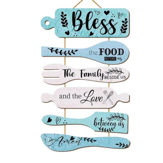 Wooden Kitchen Quote Sign Rustic Hanging for Wall Decor, Cutlery Design Home Art with Inspirational Family Slogan & Lanyard Farmhouse Decoration Solid