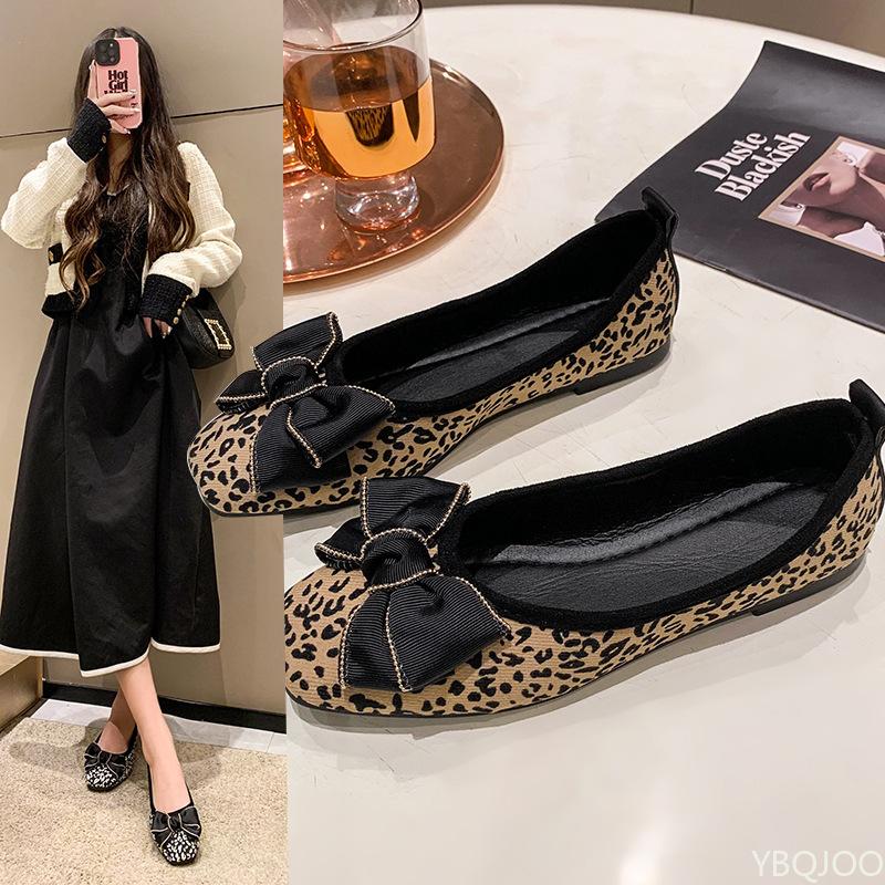 Womens 2025 new modelDress simple Casual Shoes Bow Leopard Shallow Mouth Non slip women's shoes Soft Leather fashion Flat
