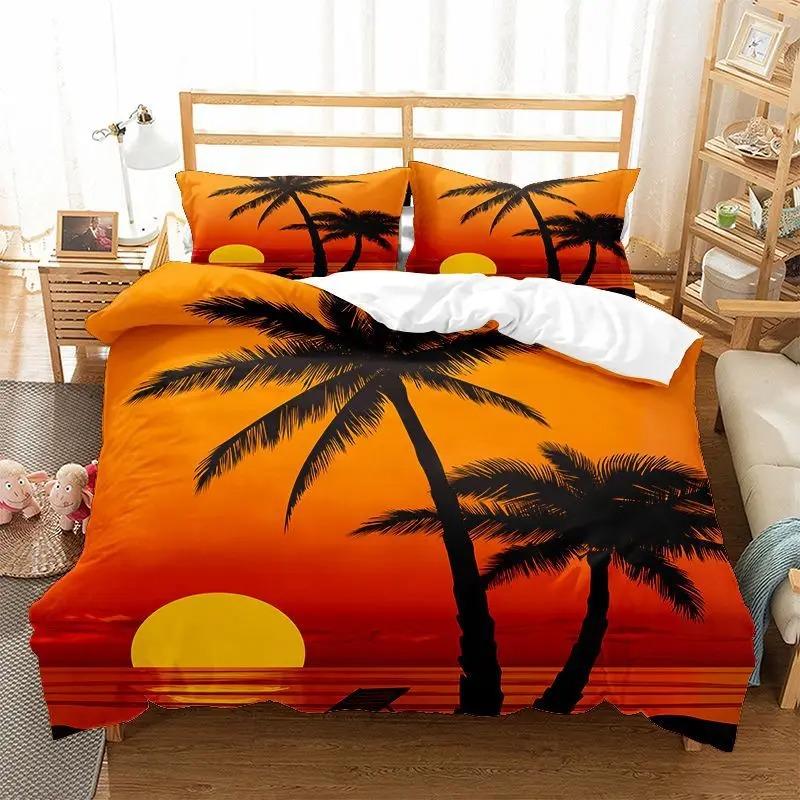 Beach Duvet Cover Twin King Size Microfiber Coconut Palm Trees Bedding Set Sunset Tropical Sandy Beach Landscape Comforter Cover