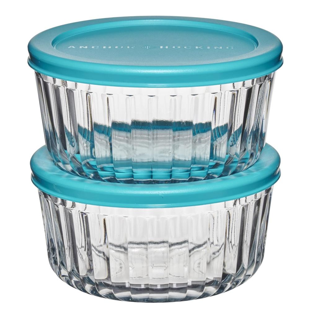 Sculpted Glass Food Storage Container with Lids 4 Cup Round Set of 2