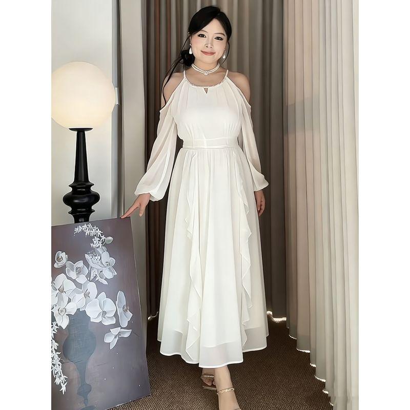 Plus-Size Women's French-Style Off-Shoulder Pearl Ruffle Dress 2026 Spring Elegant Long Dress