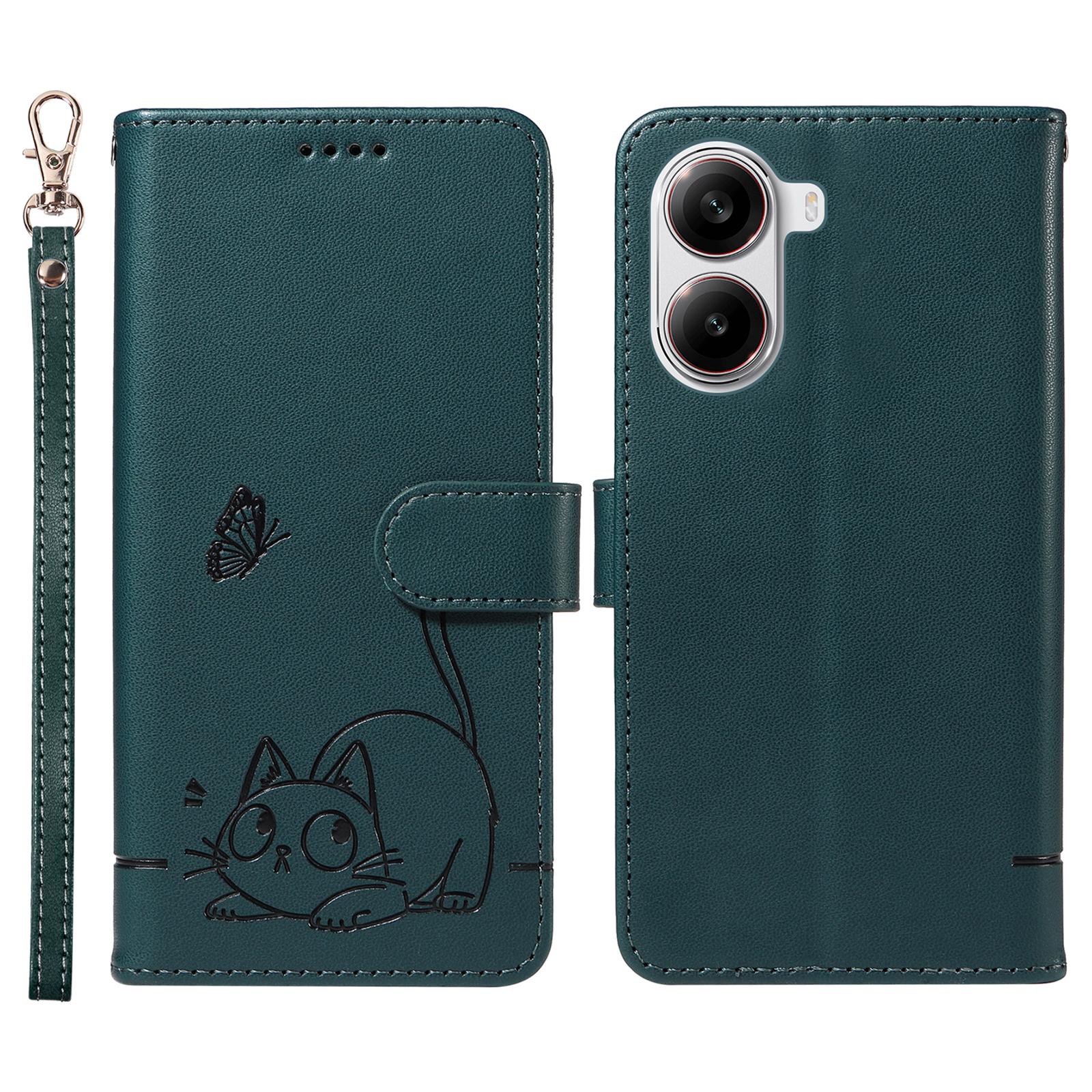 

Wallet Case for Xiaomi Poco X7 Pro 5G/Redmi Turbo 4 5G Cat Pattern Imprint Leather Phone Cover with Wrist Strap Blue