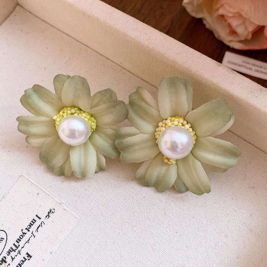 Silver needle fabric flower pearl stud earrings retro temperament personalized creative candy earrings small fresh earrings women
