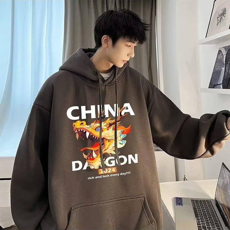 

Мужской свитер с капюшоном, повседневный свободный модный топ с буквенным принтом, универсальное пальто 5XL темно-серого