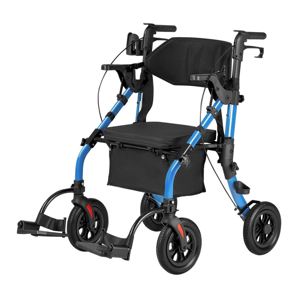 2-in-1 Rollator Walker & Transport Chair for Seniors, Foldable Rolling Walker Wheelchair, Lightweight Aluminum Mobility Walking Aid with Solid PU