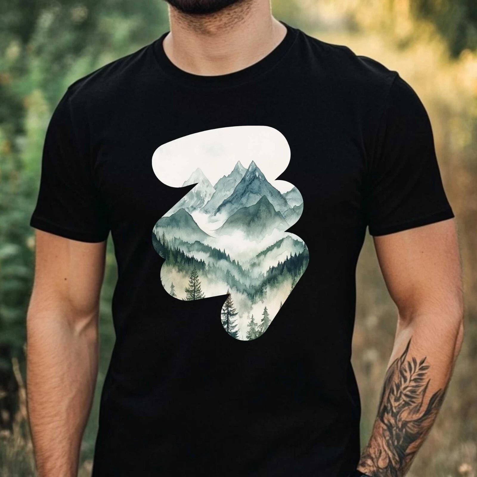 T-Shirt Herren Aquarell Berglandschaft Motiv Baumwolle Größe XS bis 5XL XL