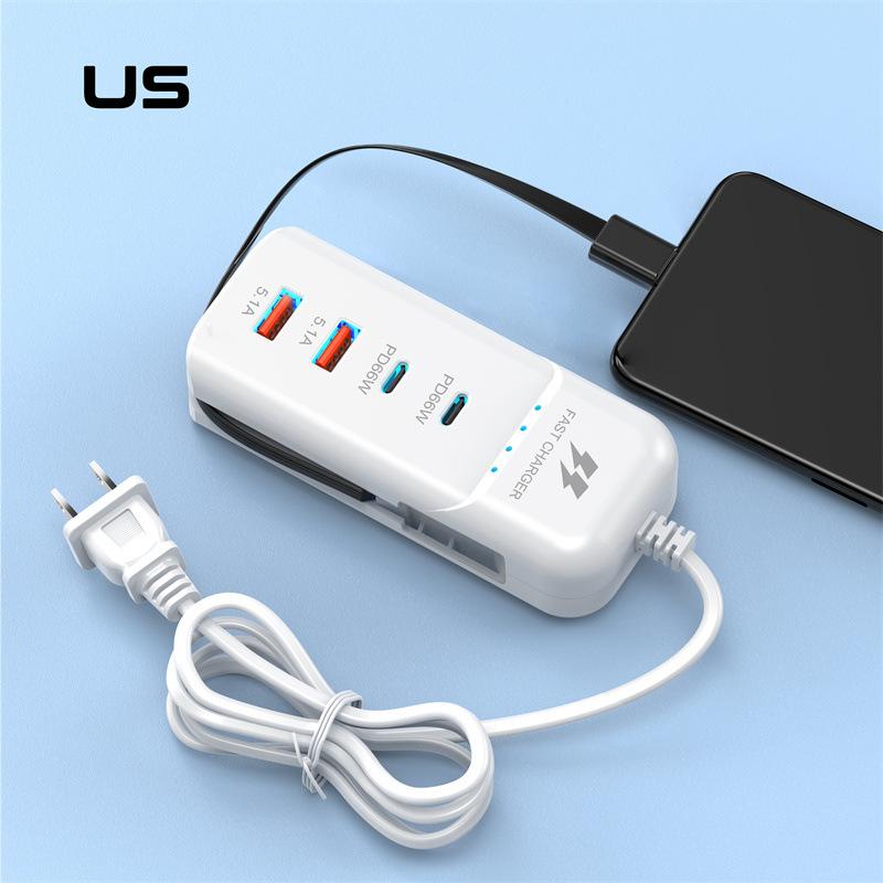 

66 Вт PD Быстрая зарядка Настенные USB-зарядные устройства USB-хаб-адаптер 4 порта USB Type-C EU US UK Штекер Тип удлинителя Type-C Кабель Розетка US белый