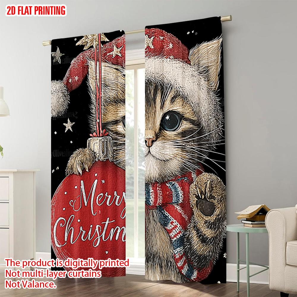 2pcs, plane printing Curtains&Window Treatment Santa Hat Red Cat_ Lantern & Snowflakes Versatile Polyester Fabric (without