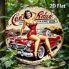 Vintage Auto Mädchen Runde Metallwandkunst 8 Zoll Retro Rotes Automobil Blechschild
