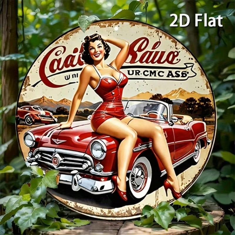Vintage Auto Mädchen Runde Metallwandkunst 8 Zoll Retro Rotes Automobil Blechschild