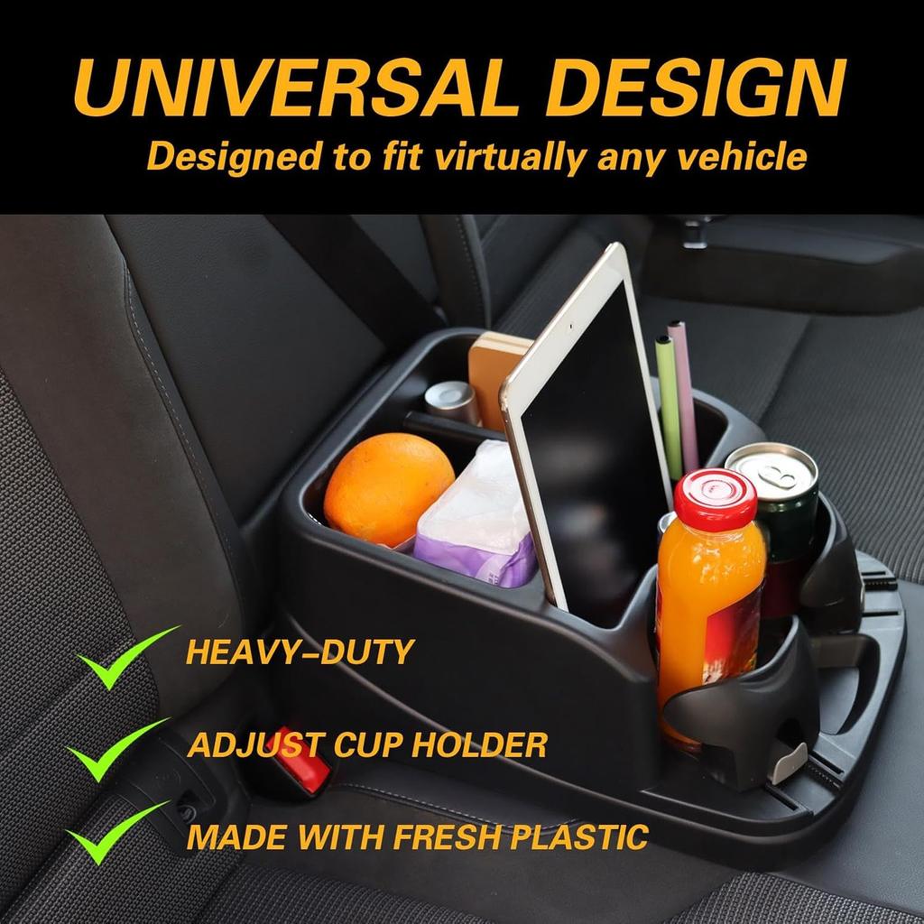 Universal Big Center Console for Cars, Trucks, Minivans, SUVs, Car Console Organizer with 2 Adjustable Cup Holders, Seatbelt for Secure Hold Car Seat
