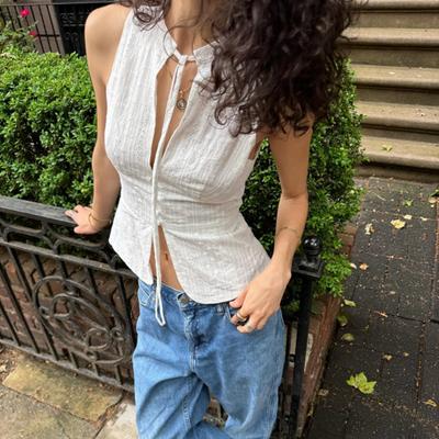 Women Vest Tops Solid Color Retro Design Stand-Up Collar Sleeveless Tank