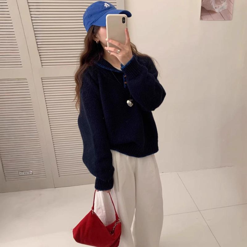 

Contrasting color lapel button-down knitted sweater top autumn and winter new loose soft waxy age-reducing long-sleeved pullover sweater women One size тёмно-синий