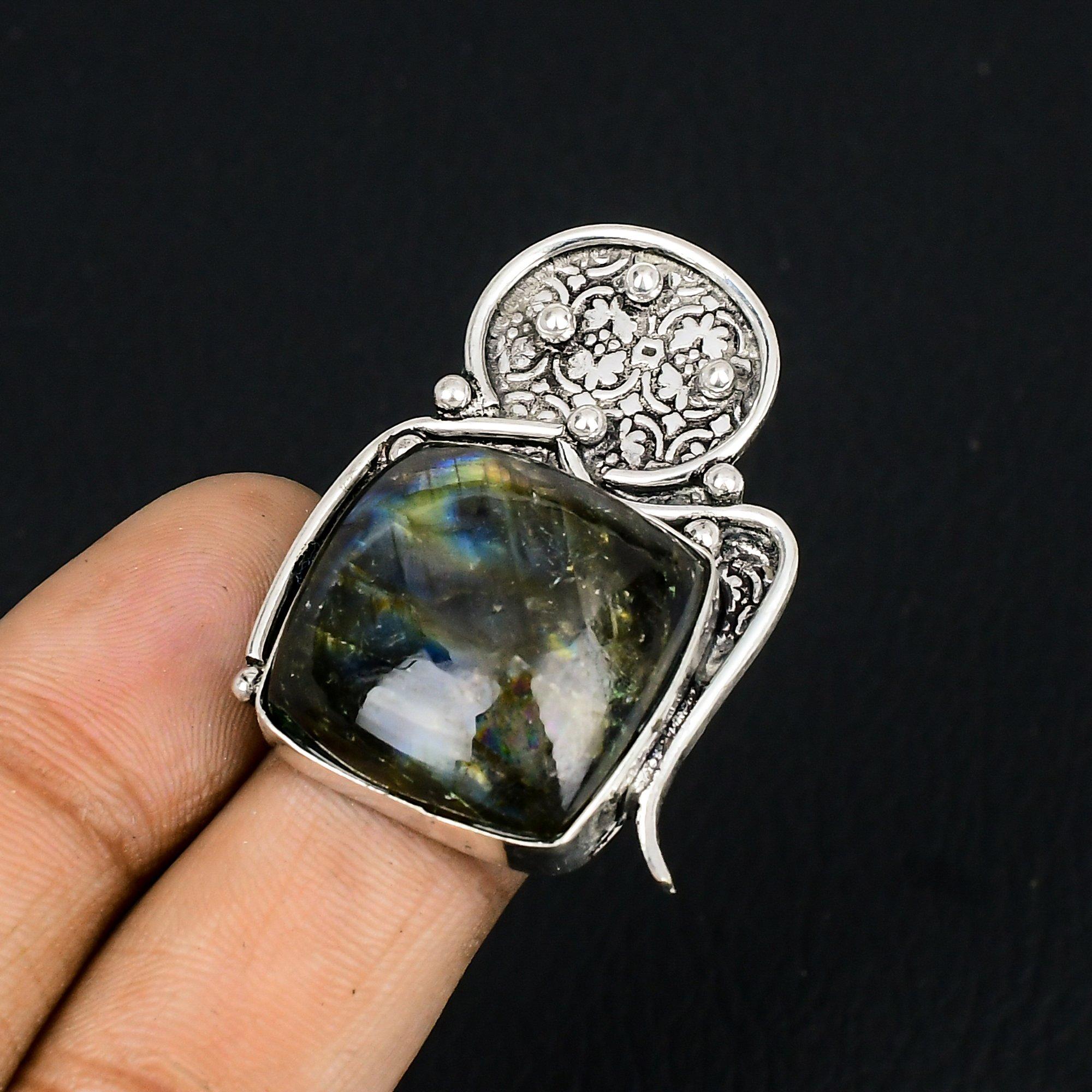 

925 Sterling Silver Labradorite Gemstone Handmade Promise Ring Jewelry Size 7.5 7.5