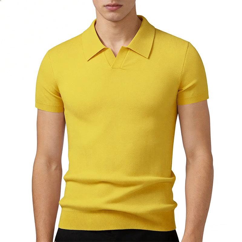 Mens Solid Color V Neck Knit Short Sleeve Polo Shirt