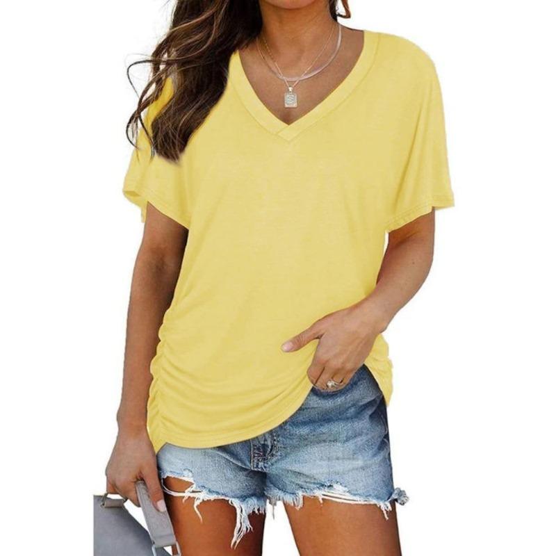 Women Casual Summer T Shirt V Neck Short Sleeve Solid Color Top Clothing