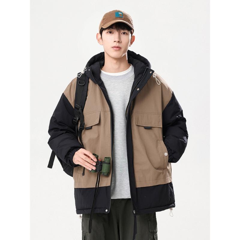 

Корейский стиль модный капюшон контрастного цвета сращивание мода теплая свободная повседневная куртка ниша зимнее пальто американское хлопковое пальто пара 4XL