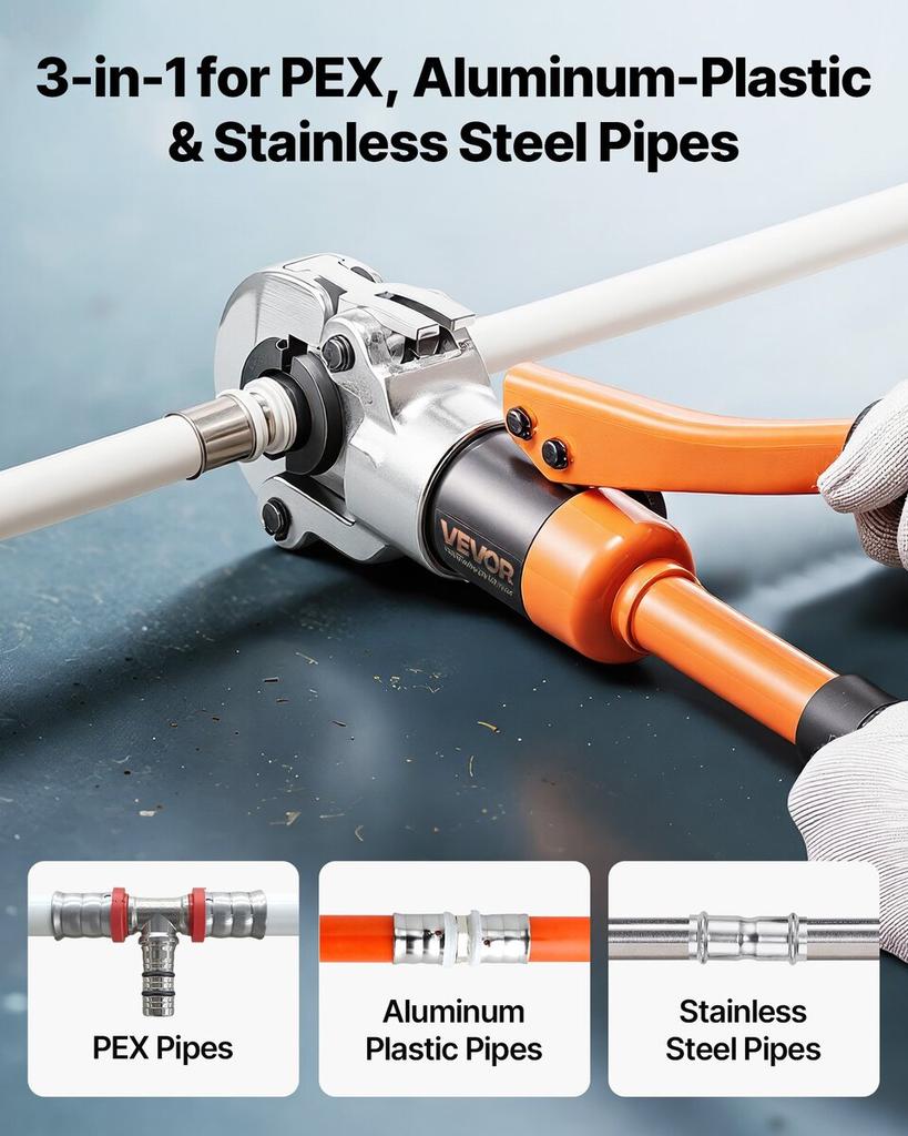 Hydraulic Pipe Crimping Tool, Multi-Functional Tube Fittings Crimper with TH16 TH20 TH26 TH32 Jaws for PEX & Aluminum-Plastic Pipes, and V12 V15 V18