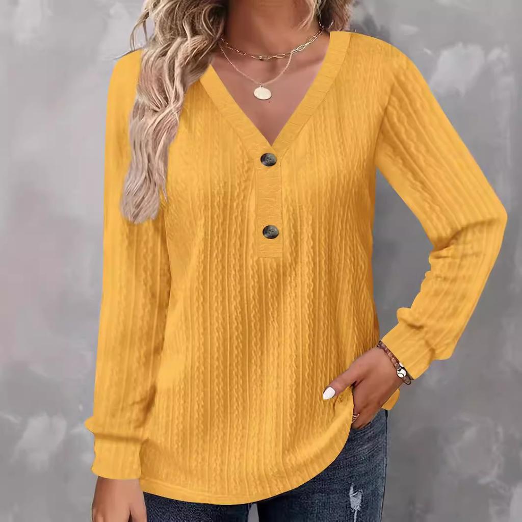 Haut tunique décontracté pour femme grande taille, couleur unie, tricot torsadé, col en V, demi-boutonnage, manches longues, ourlet incurvé