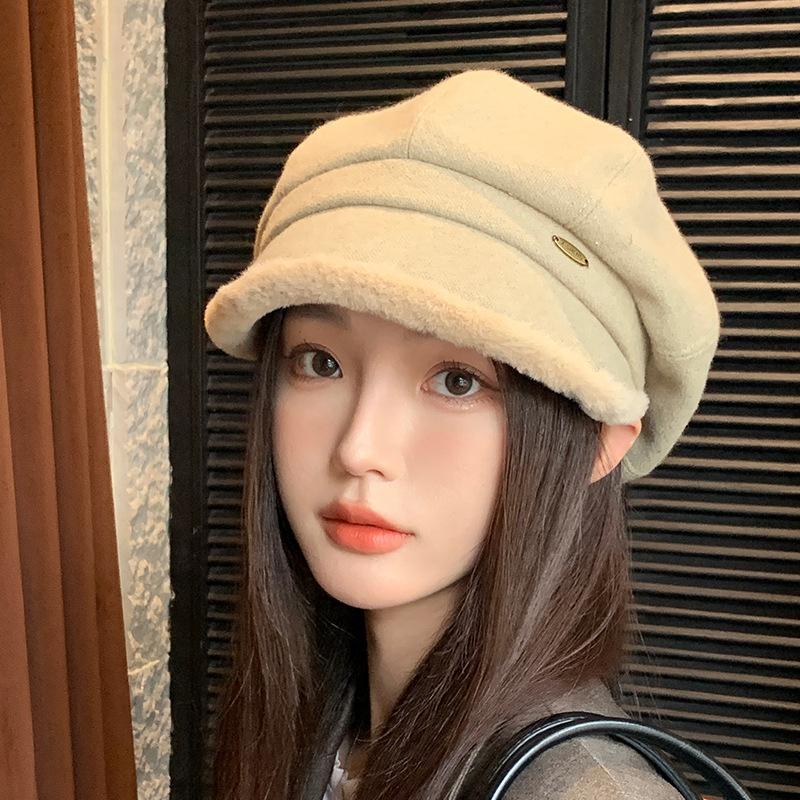 Fisherman Hat Women's Autumn and Winter New Fashion Revealing Small Versatile Basin Hat Plus Velvet Warmth Ear Protection Octagonal Hat Trendy
