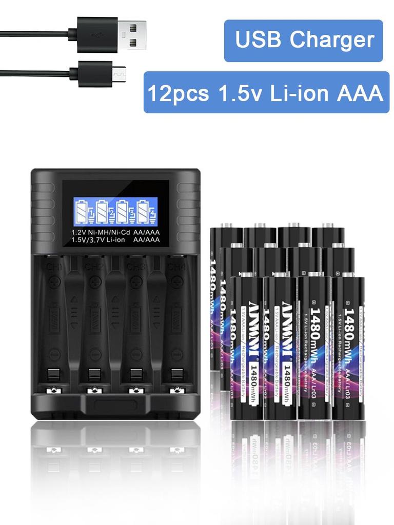 AJNWNM 1.5v AAA Battery Rechargeable 1480mWh AAA Rechargeable Battery 1.5v with LCD Charger for 1.5V Lithium Li-ion AA AAA Battery