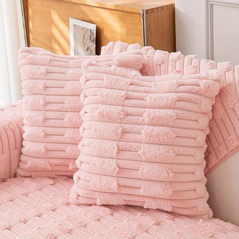 

2pcs Set of Soft and Warm Striped Faux Fur Waist Pillow Covers, Cream Color Series, Fluffy Velvet Cushion Covers, Without Pillow Core 2pcs 45X45 without core розовый