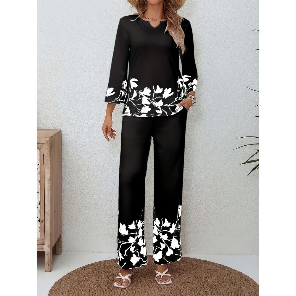 Women's Loose Fit Two-piece Outfit Set Three Quarter Sleeve Blouse High Waist Wide Leg Pants Floral Print Casual Lounge Matching Suit